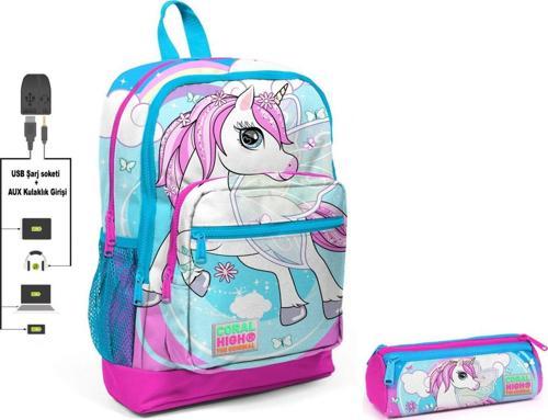 Mavi Unicorn Baskılı İlkokul Sırt Çantası ve Kalemlik Seti - Kız Çocuk - USB Soketli