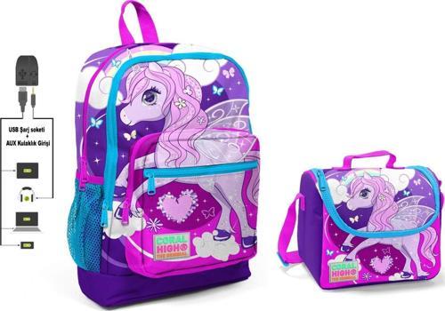 Mavi Unicorn Baskılı Okul Çantası ve Beslenme Çantası Seti - Kız Çocuk - USB Soketli