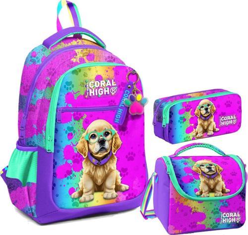 Kız Çocuk Üç Gözlü İlkokul Çanta Seti - Mor Pembe Köpek Desenli