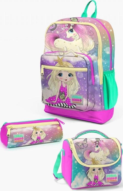 Kids Pembe Su Yeşili Unicornlu Kız Desenli 3’lü Okul Çanta Seti - Kız Çocuk İlkokul