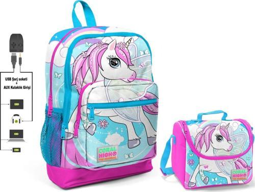 Mavi Unicorn Baskılı Okul Çantası ve Beslenme Çantası Seti - Kız Çocuk - USB Soketli