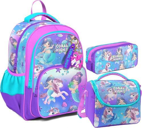 Kız Çocuk Üç Gözlü İlkokul Çanta Seti - Mor Pembe Unicorn Desenli