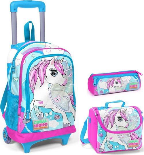 Mavi Unicorn Kız Çocuk Çekçek Çanta Seti - Işıklı Tekerlekler