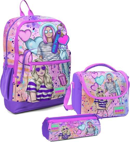 Kız Çocuk Üçlü İlkokul Okul Çanta Seti - Pembe Mor Fashion Girl