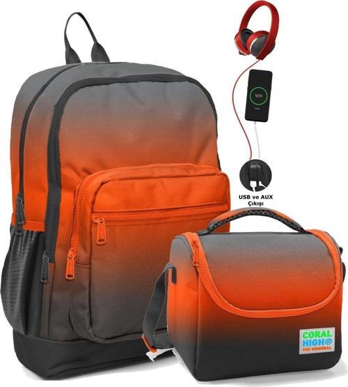 Okul Çantası ve Beslenme Çanta Seti - Usb Soketli - Siyah Turuncu Gradyan Erkek Çocuk