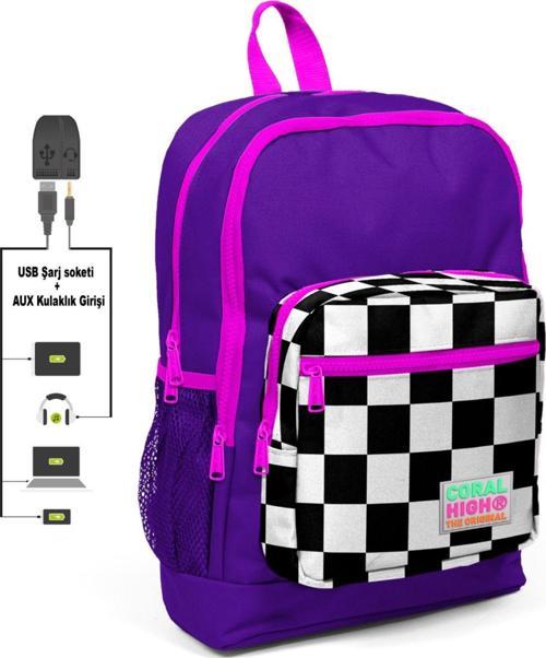 Mor Damalı İlkokul ve Günlük Sırt Çantası - Kız Çocuk - USB ve AUX Soketli