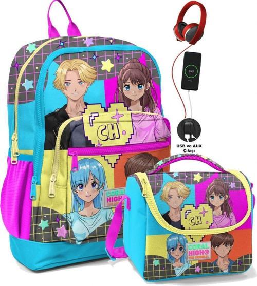 Okul Çantası ve Beslenme Çanta Seti - Usb Soketli Mavi Pembe Anime Kız Çocuk
