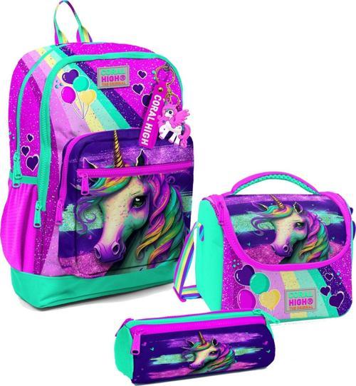 Kız Çocuk Üçlü İlkokul Okul Çanta Seti - Pembe Su Yeşili Unicorn