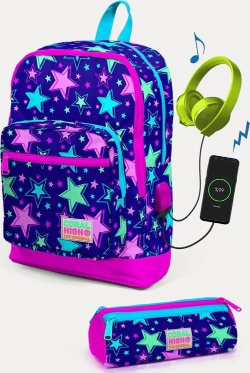 Kids Saks Pembe Yıldız Desenli USB'li 2'li Okul Çanta Seti - Kız Çocuk