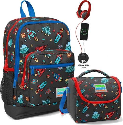 Okul Çantası ve Beslenme Çantası Seti - Erkek Çocuk Gri Mavi Uzay - USB Soketli