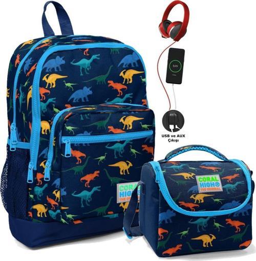 Okul Çantası ve Beslenme Çantası Seti - Erkek Çocuk Lacivert Dinazor - USB Soketli