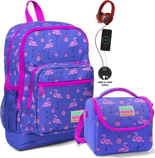 Okul Çantası ve Beslenme Çantası Seti - Kız Çocuk Mor Flamingo - USB Soketli