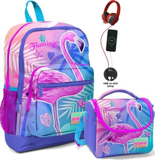 Okul Çantası ve Beslenme Çantası Seti - Kız Çocuk Pembe Flamingo - USB Soketli