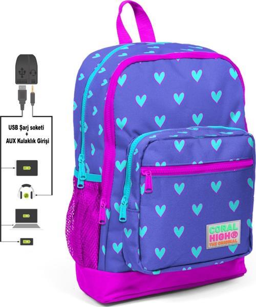 Mor Kalp Baskılı İlkokul ve Günlük Sırt Çantası - Kız Çocuk - USB ve AUX Soketli