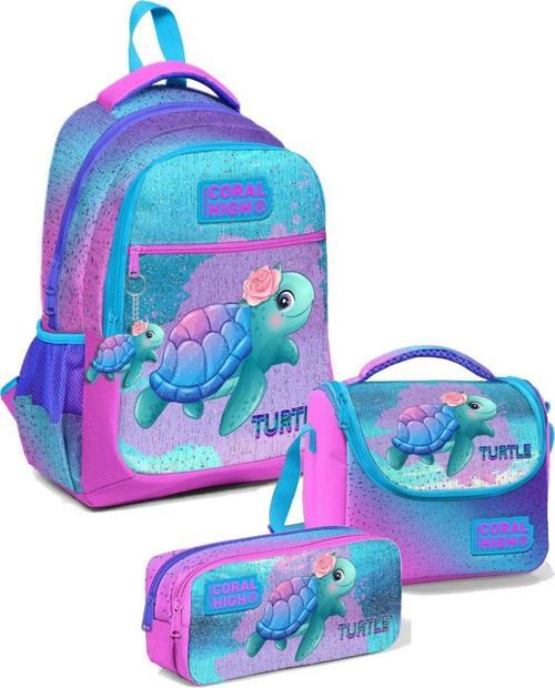 Kız Üç Bölmeli Okul Sırt Çantası Beslenme Çantası ve Kalemlik Seti Pembe Mavi Kaplumbağa