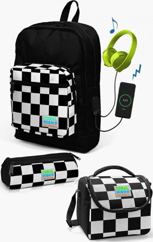 Kids Siyah Dama Desenli USB'li 3’lü Okul Çanta Seti - Erkek Çocuk