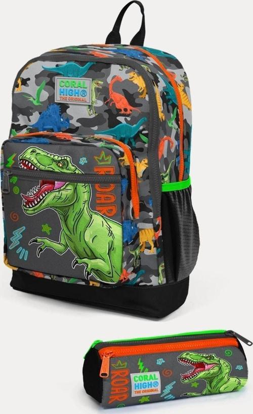 Kids Siyah Gri Dinozor Desenli 2'li Okul Çanta Seti - Erkek Çocuk