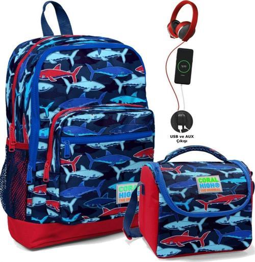 Okul Çantası ve Termal Beslenme Çanta Seti - Erkek Çocuk Mavi Köpekbalığı USB ve AUX Çıkışlı