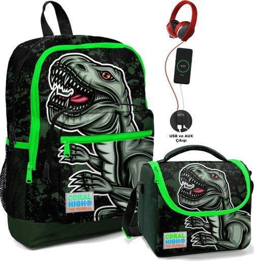 Okul Çantası ve Termal Beslenme Çanta Seti - Erkek Çocuk Yeşil Dinazor USB ve AUX Çıkışlı