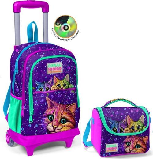 Mor Kedi Çekçek Okul Çantası ve Beslenme Seti - Işıklı Tekerlekler - Kız Çocuk