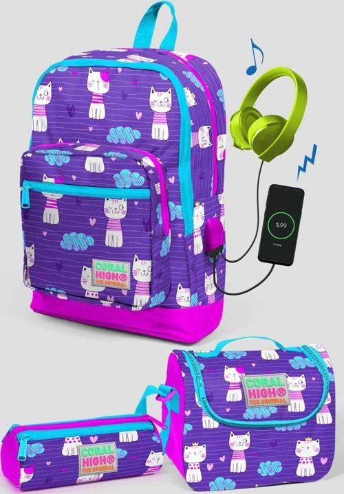Mor Kedi Desenli Okul Çanta Seti - Kız Çocuk