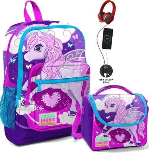 Okul Çantası ve Termal Beslenme Çanta Seti - Kız Çocuk Mavi Mor Unicorn USB ve AUX Çıkışlı