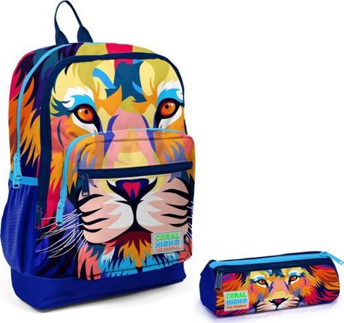 Lacivert Aslan İlkokul Sırt Çantası ve Kalemlik Seti