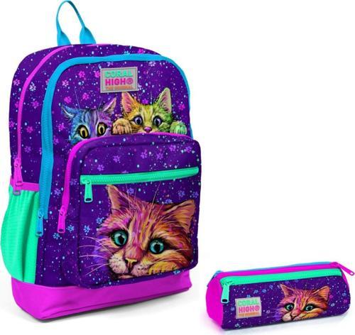 Mor Kedi İlkokul Sırt Çantası ve Kalemlik Seti