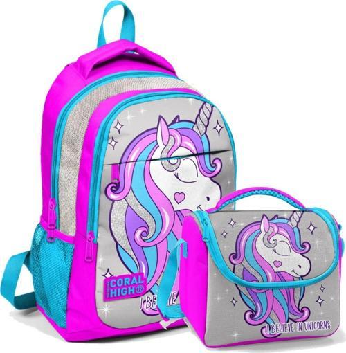 Okul Sırt Çantası ve Beslenme Çantası Kız Çocuk Gri Unicorn