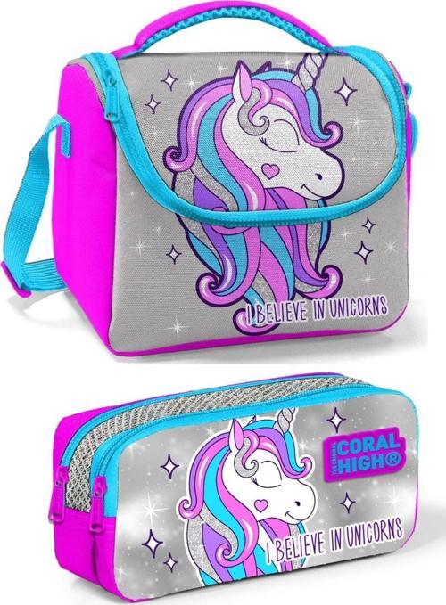 Pembe Mavi Unicorn Kız Çocuk Beslenme Çantası Seti