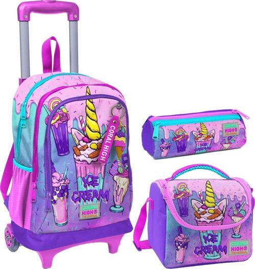 Pembe Mor Dondurma Üçlü Çekçek Işıklı Tekerlekli Çanta Seti - Kız Çocuk