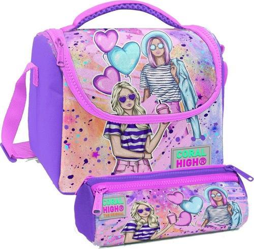 Pembe Mor Fashion Girl Desenli Kız Çocuk Isı Yalıtımlı Beslenme Çantası ve Kalemlik Seti