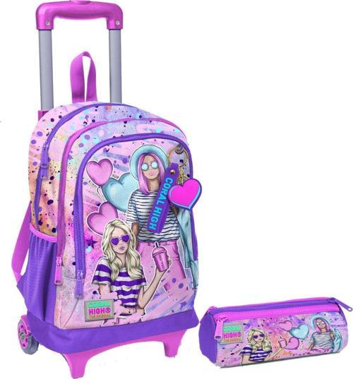 Pembe Mor Fashion Girl Işıklı Tekerlekli Çekçek Çanta ve Kalemlik Seti - Kız Çocuk