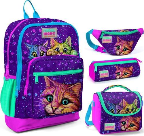 Mor Kedi Üçlü Okul Çantası ve Bel Çantası Seti