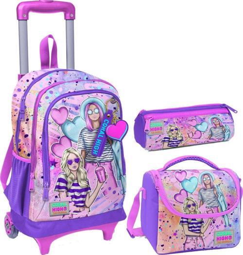 Pembe Mor Fashion Girl Üçlü Çekçek Işıklı Tekerlekli Çanta Seti - Kız Çocuk