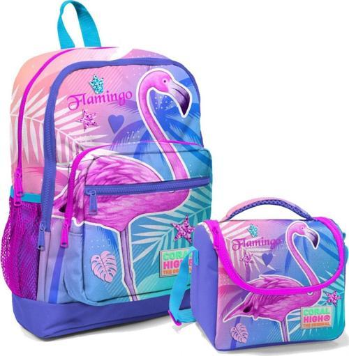 Pembe Mor Flamingo Kız Çocuk İlköğretim Okul Sırt Çantası ve Beslenme Çanta Seti