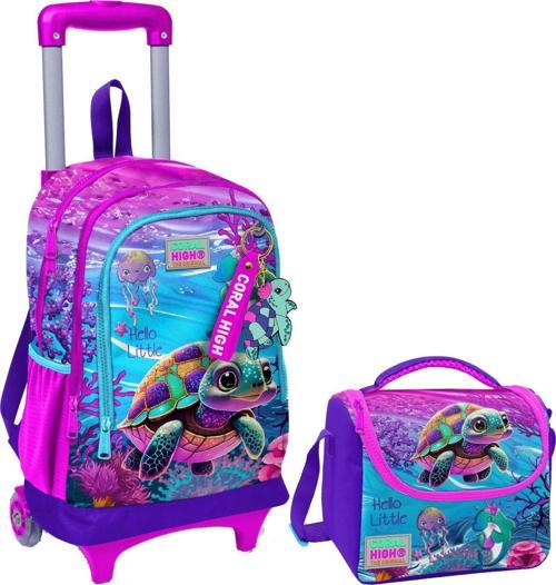 Pembe Mor Kaplumbağa Işıklı Tekerlekli Okul Çantası ve Beslenme Seti - Kız Çocuk