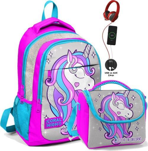 Okul Sırt Çantası ve Beslenme Çantası Seti - Kız Çocuk Pembe Unicorn - USB Soketli