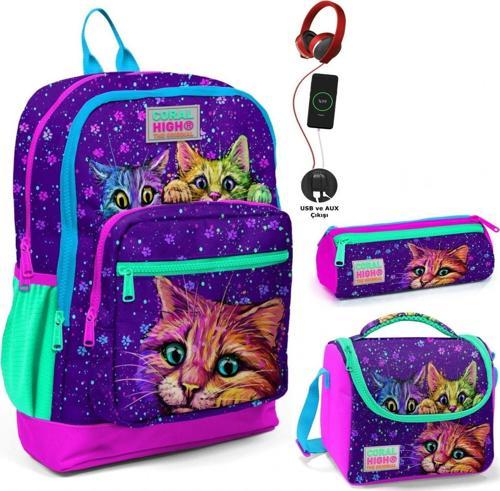 Mor Kedi USB Soketli Üçlü İlkokul Çanta Seti - Kız Çocuk