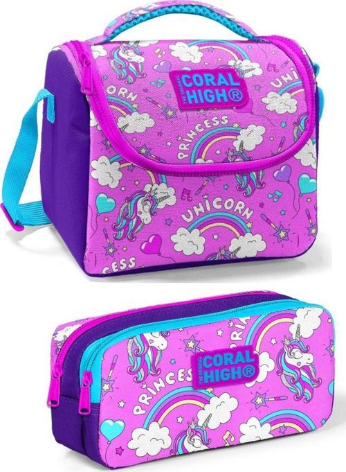 Pembe Mor Unicorn Kız Çocuk Beslenme Çantası Seti