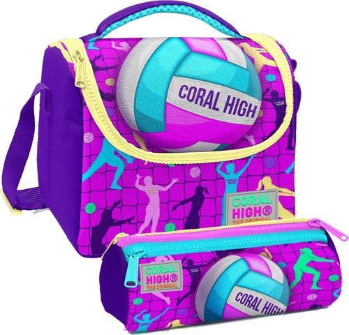 Pembe Mor Voleybol Desenli Kız Çocuk Isı Yalıtımlı Beslenme Çantası ve Kalemlik Seti