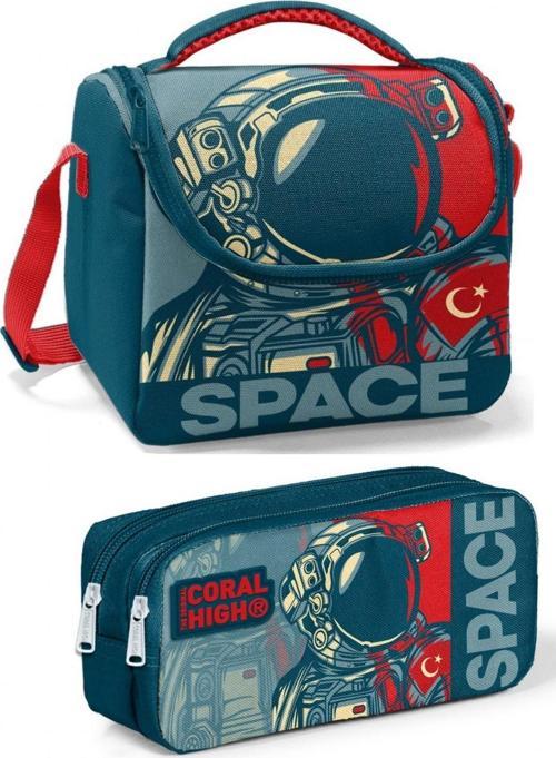 Lacivert Kırmızı Astronot Erkek Çocuk Beslenme Çantası Seti