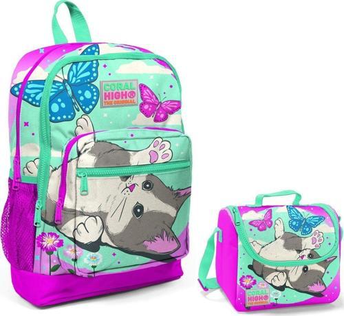 Pembe Sevimli Kedi ve Kelebek İlkokul Çantası ve Beslenme Seti