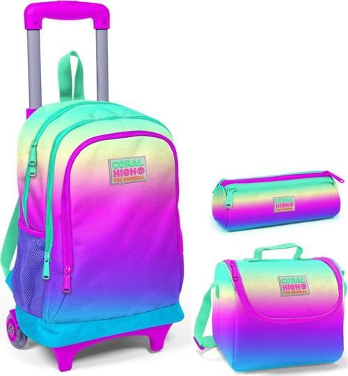 Pembe - Yeşil - Mavi Kız Çocuk Çekçek Çanta Seti - Işıklı Tekerlekler