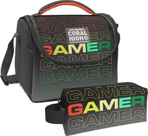 Siyah Gri Gamer Desenli Erkek Çocuk Isı Yalıtımlı Beslenme Çantası ve Kalemlik Seti
