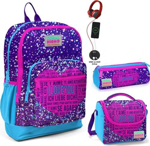 Mor Mavi Kalp USB Soketli Üçlü İlkokul Çanta Seti - Kız Çocuk