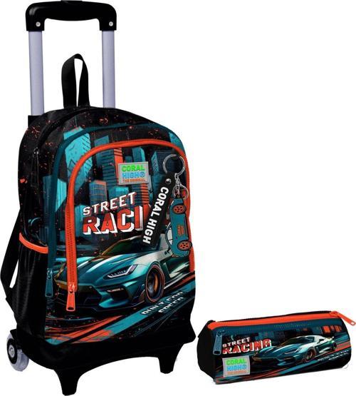 Siyah Nefti Yarış Arabası Işıklı Tekerlekli Çekçek Çanta ve Kalemlik Seti - Erkek Çocuk
