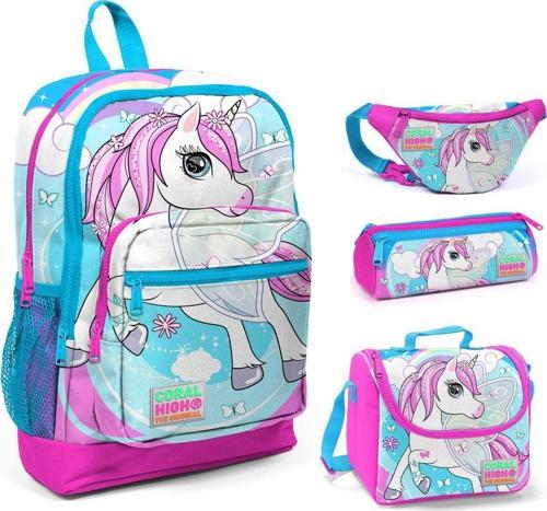 Pembe-Mavi Unicorn Baskılı Kız Çocuk 4'lü İlkokul Çanta Seti