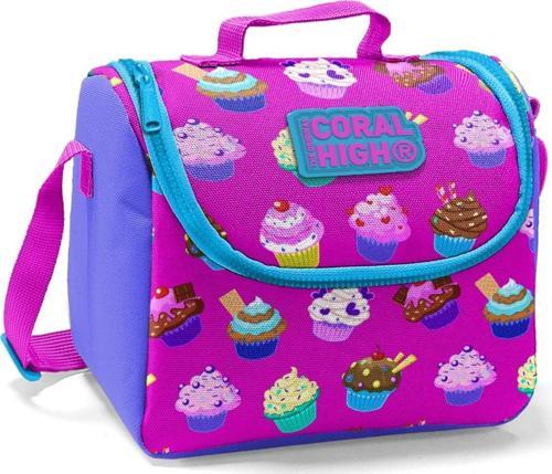 Pembe-Mor Cupcake Baskılı Termoslu Beslenme Çantası - Kız Çocuk
