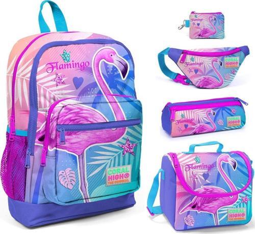 Pembe Flamingo Baskılı 5'li İlkokul Çanta Seti